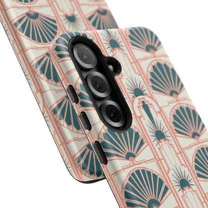 Art Deco Fan Pattern Tough Phone Case — Teal & Blush Retro Protection