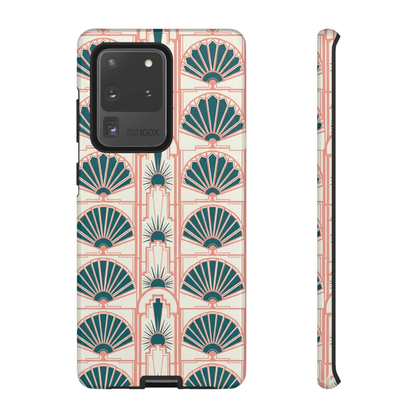 Art Deco Fan Pattern Tough Phone Case — Teal & Blush Retro Protection