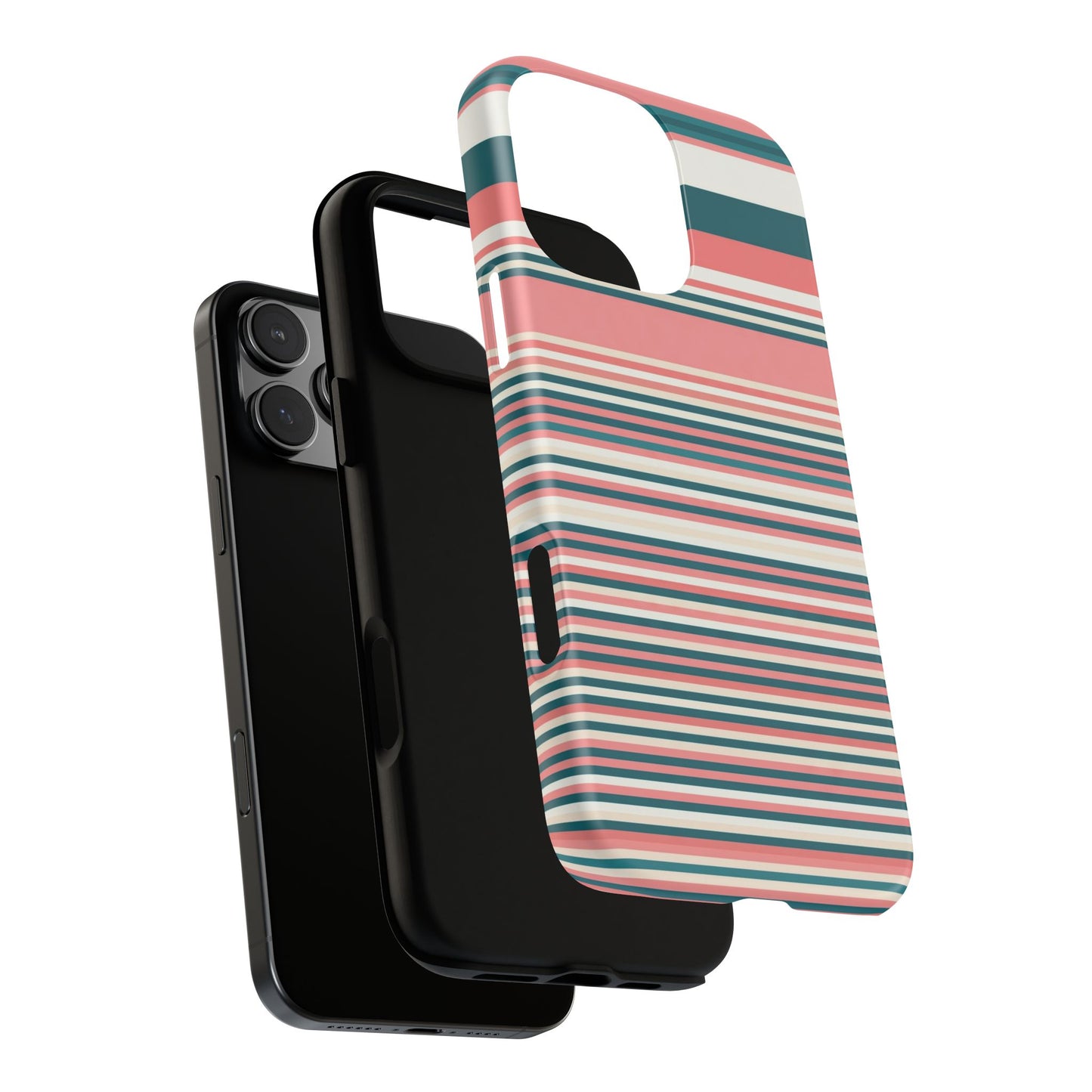 Striped Tough Phone Case — Coral, Teal & White Protective Cover