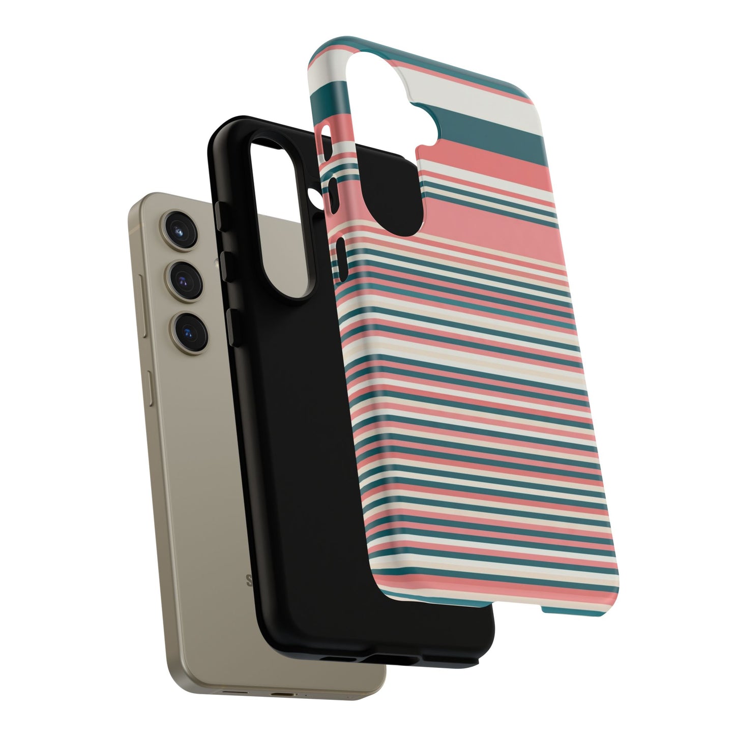 Striped Tough Phone Case — Coral, Teal & White Protective Cover