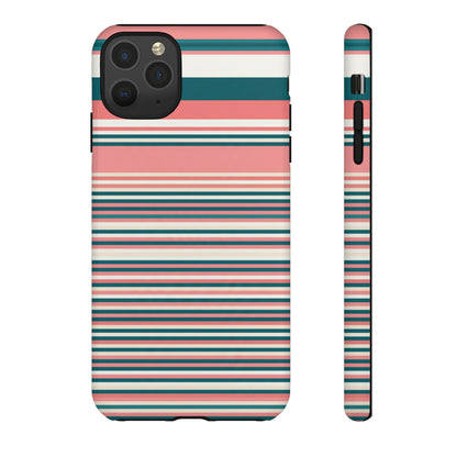 Striped Tough Phone Case — Coral, Teal & White Protective Cover