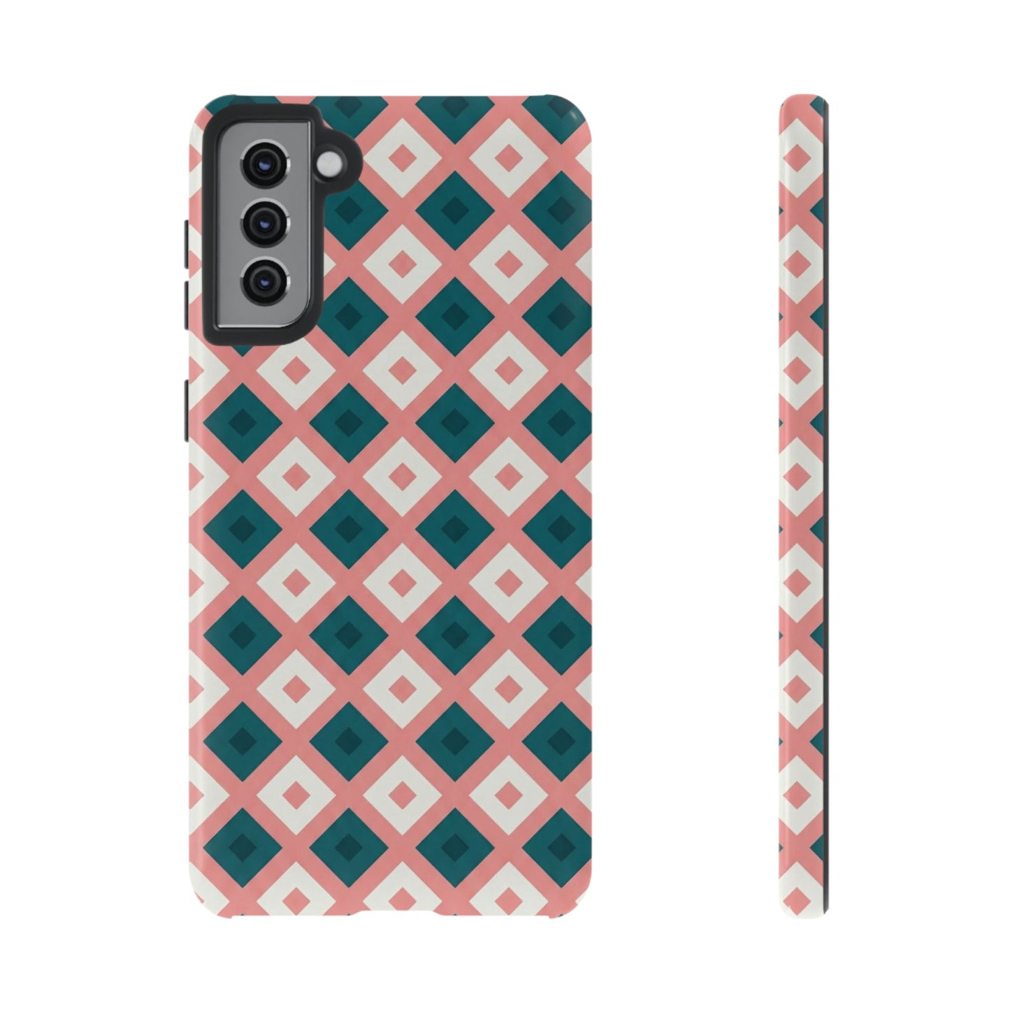 Geometric Diamond Pattern Tough Phone Case — Retro Pink & Teal Protective Cover