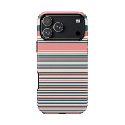 Striped Tough Phone Case — Coral, Teal & White Protective Cover