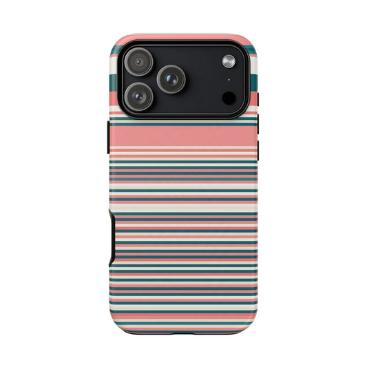 Striped Tough Phone Case — Coral, Teal & White Protective Cover