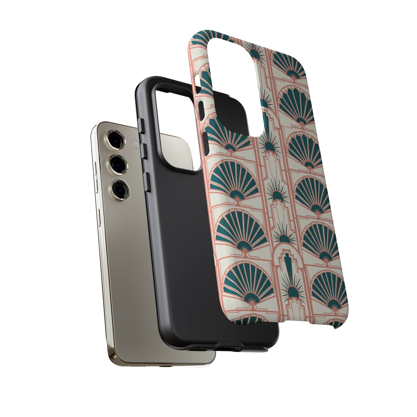 Art Deco Fan Pattern Tough Phone Case — Teal & Blush Retro Protection