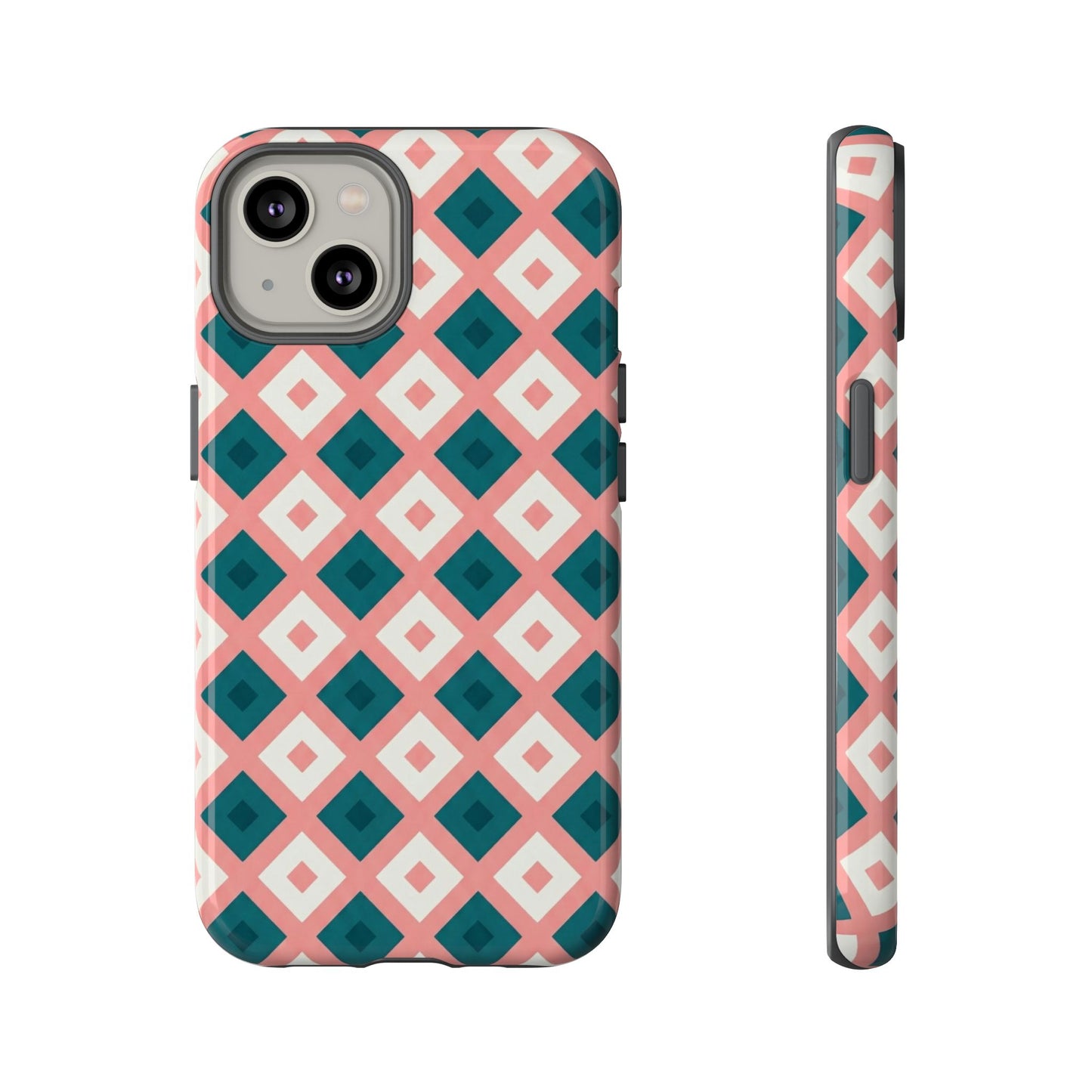 Geometric Diamond Pattern Tough Phone Case — Pink & Teal Protective Cover