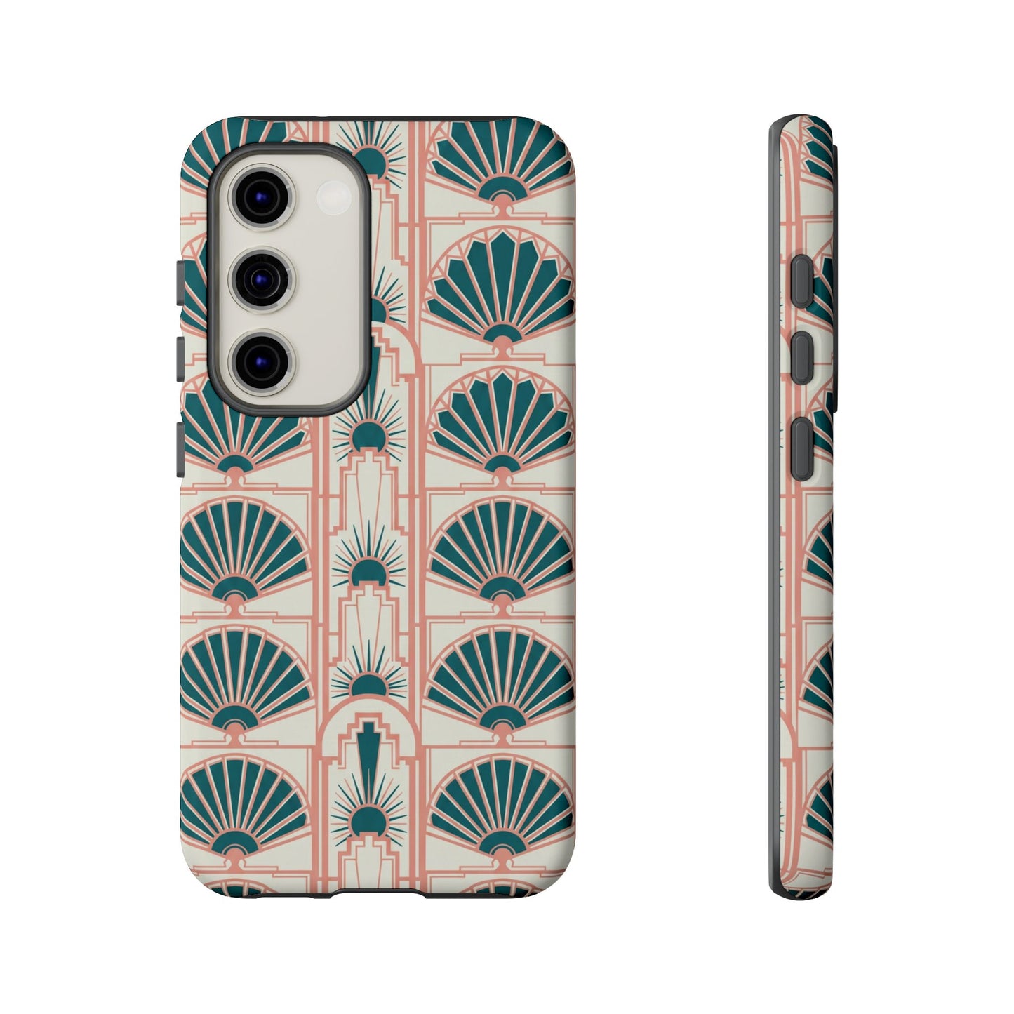 Art Deco Fan Pattern Tough Phone Case — Teal & Blush Retro Protection