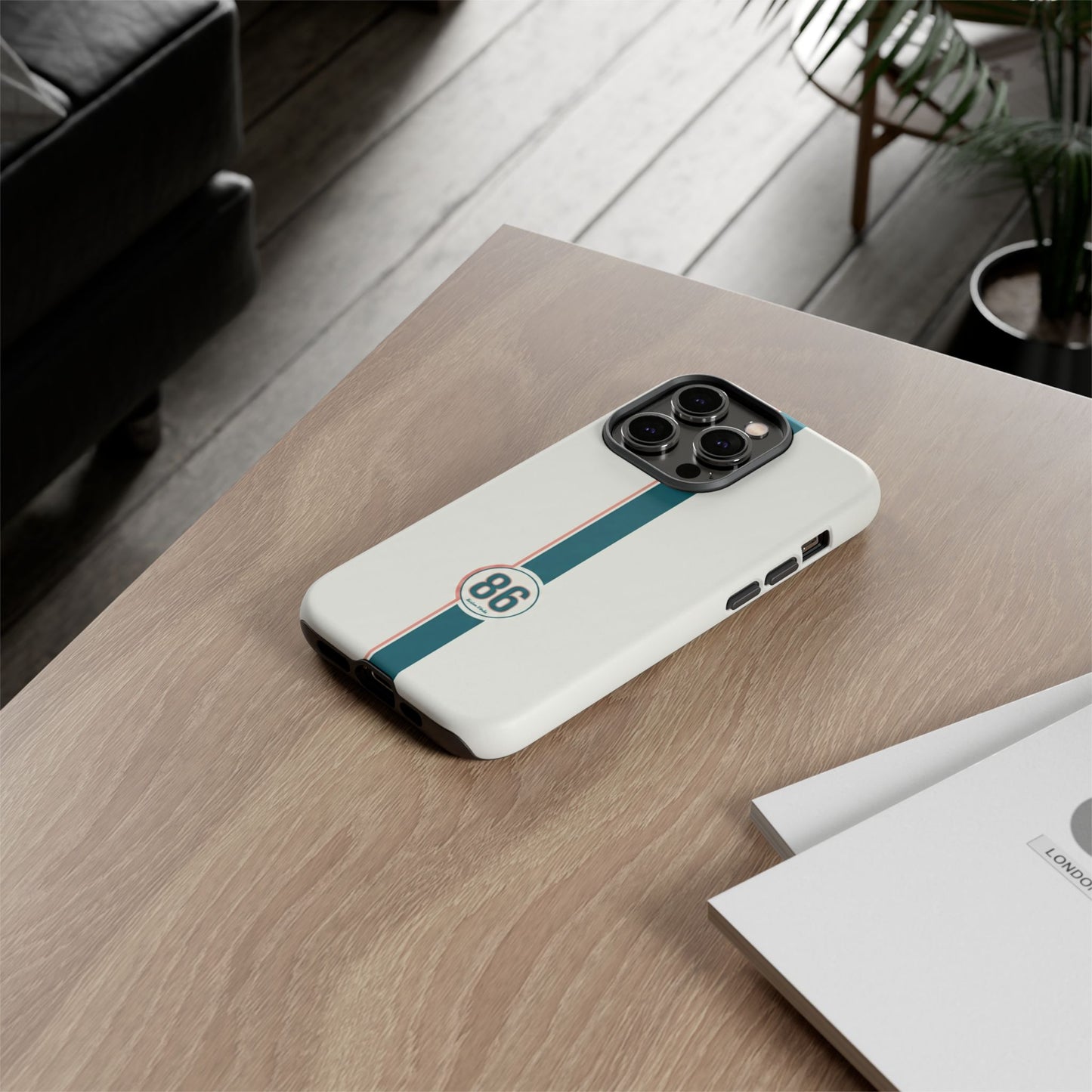 Racing Stripe Tough Phone Case — Retro White With '86 Circle Badge