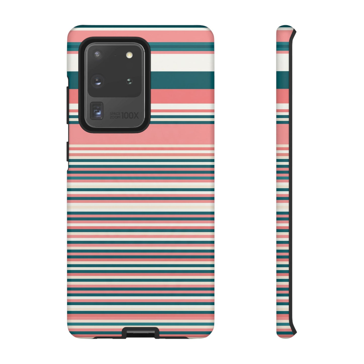 Striped Tough Phone Case — Coral, Teal & White Protective Cover