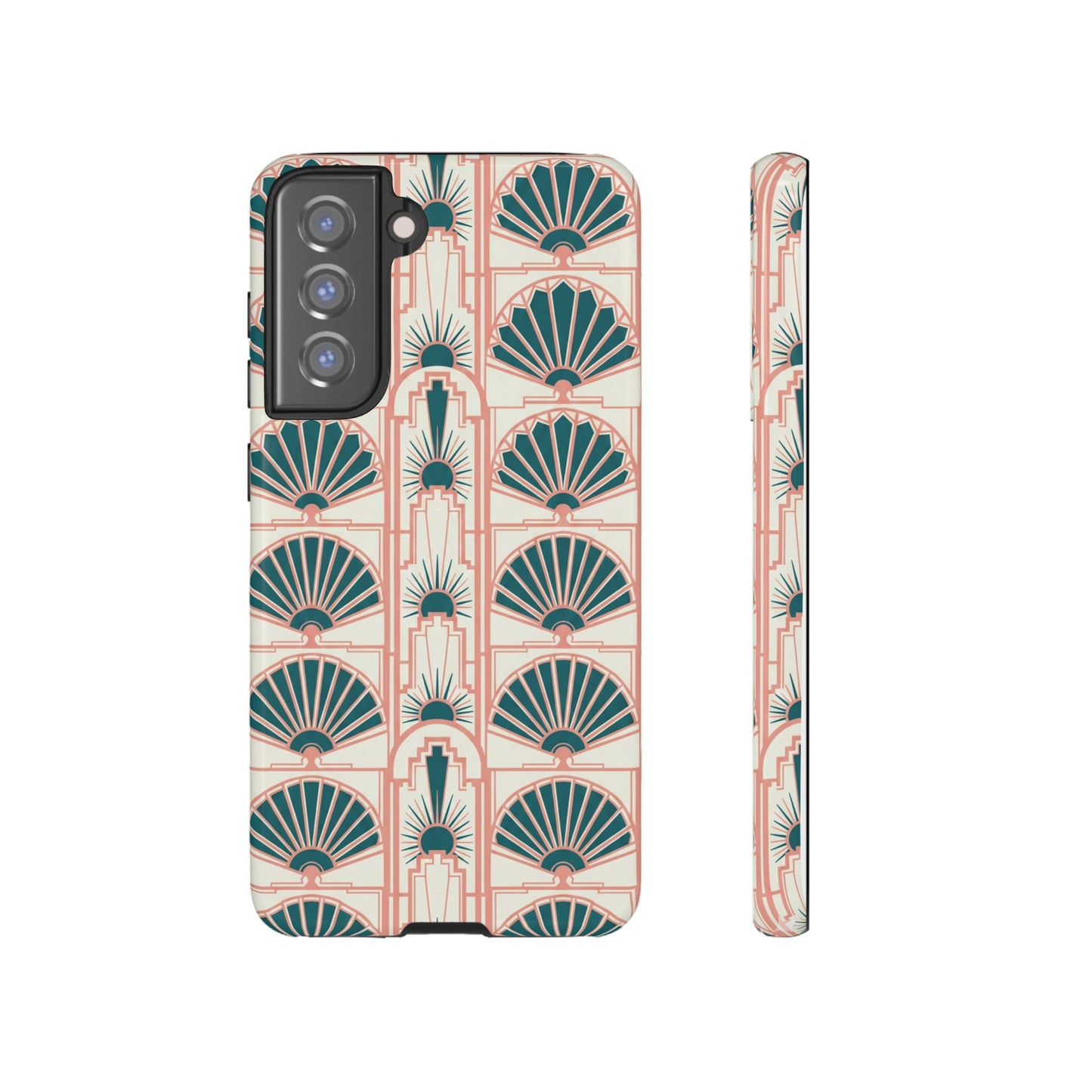 Art Deco Fan Pattern Tough Phone Case — Teal & Blush Retro Protection