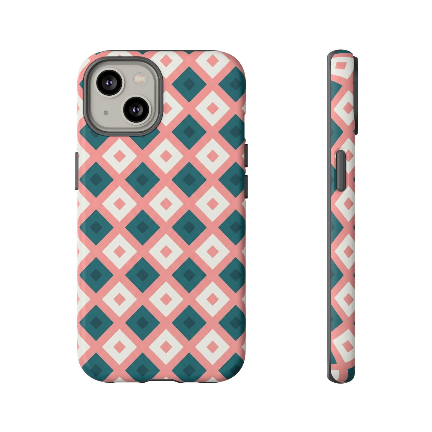 Geometric Diamond Pattern Tough Phone Case — Pink & Teal Protective Cover