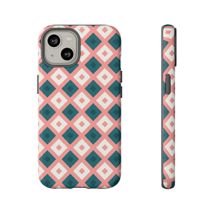 Geometric Diamond Pattern Tough Phone Case — Pink & Teal Protective Cover