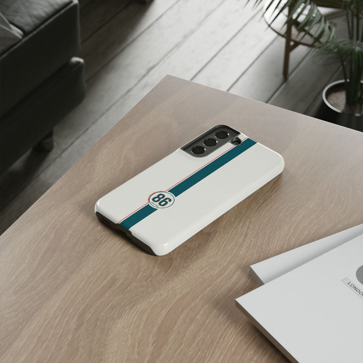 Racing Stripe Tough Phone Case — Retro White With '86 Circle Badge
