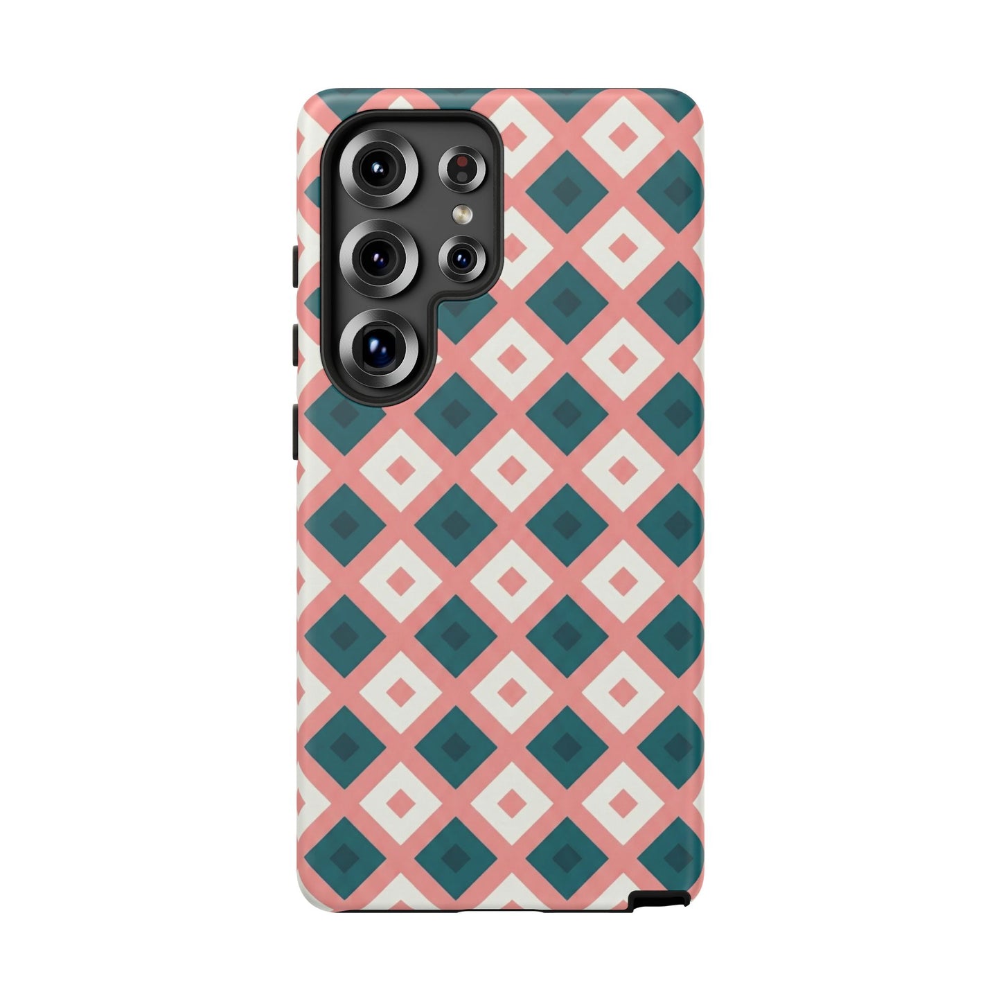 Geometric Diamond Pattern Tough Phone Case — Retro Pink & Teal Protective Cover