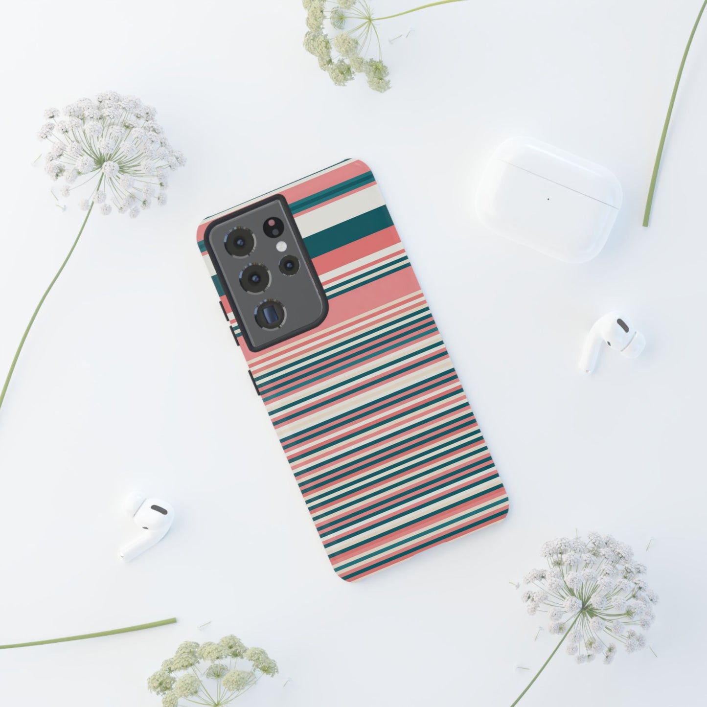 Striped Tough Phone Case — Coral, Teal & White Protective Cover