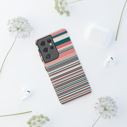 Striped Tough Phone Case — Coral, Teal & White Protective Cover