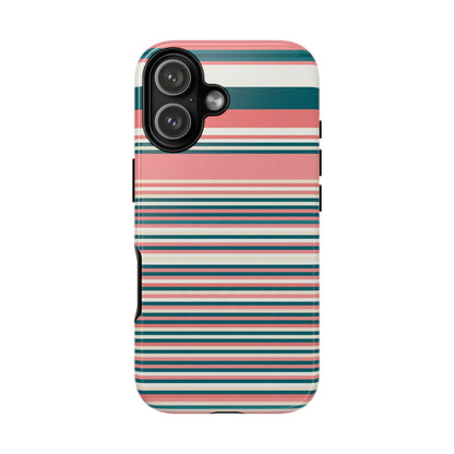 Striped Tough Phone Case — Coral, Teal & White Protective Cover