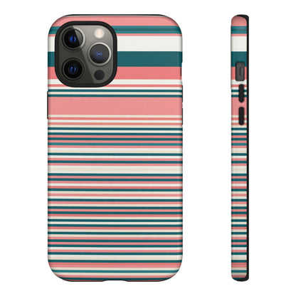 Striped Tough Phone Case — Coral, Teal & White Protective Cover