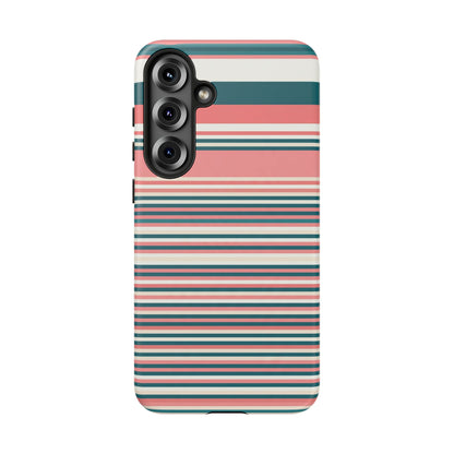Striped Tough Phone Case — Coral, Teal & White Protective Cover