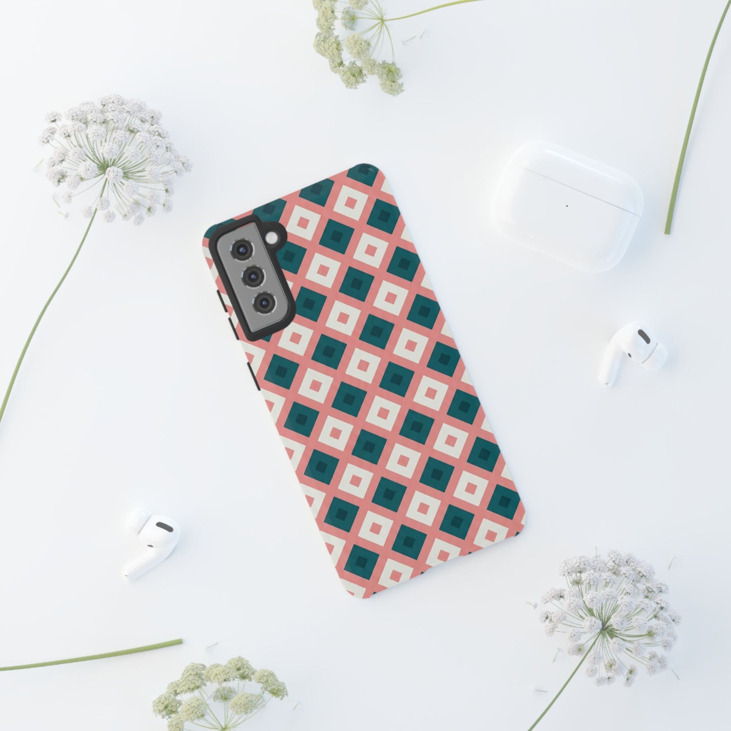 Geometric Diamond Pattern Tough Phone Case — Retro Pink & Teal Protective Cover