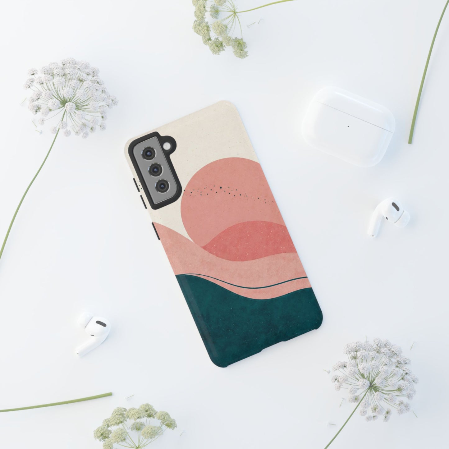Abstract Sunset Waves Tough Phone Case — Pink & Teal Protective Cover