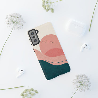 Abstract Sunset Waves Tough Phone Case — Pink & Teal Protective Cover