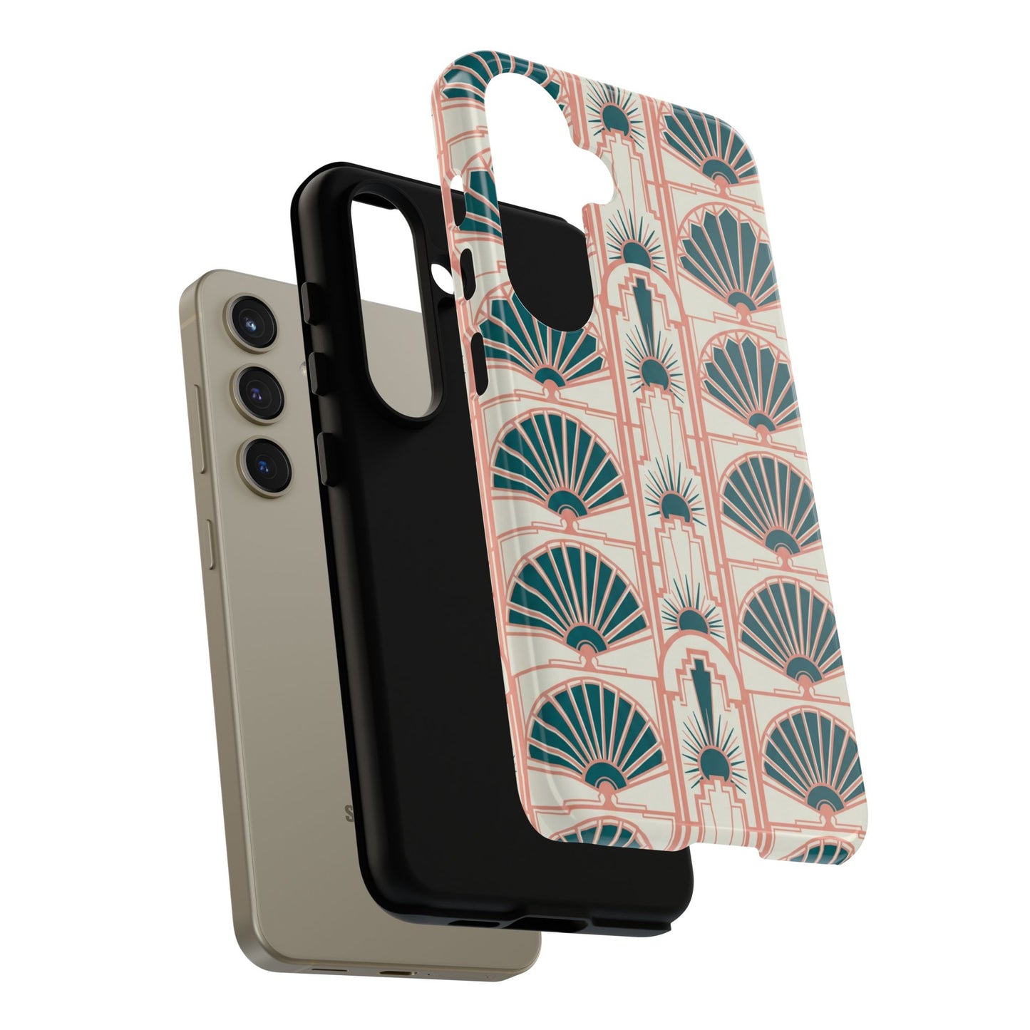 Art Deco Fan Pattern Tough Phone Case — Teal & Blush Retro Protection