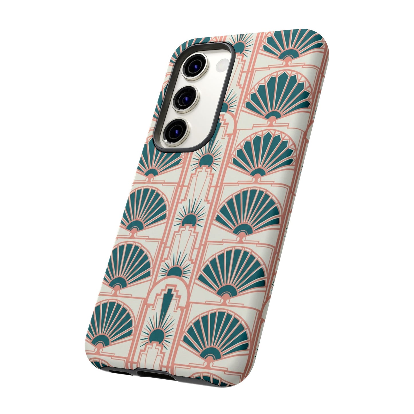 Art Deco Fan Pattern Tough Phone Case — Teal & Blush Retro Protection