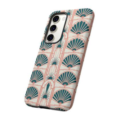 Art Deco Fan Pattern Tough Phone Case — Teal & Blush Retro Protection