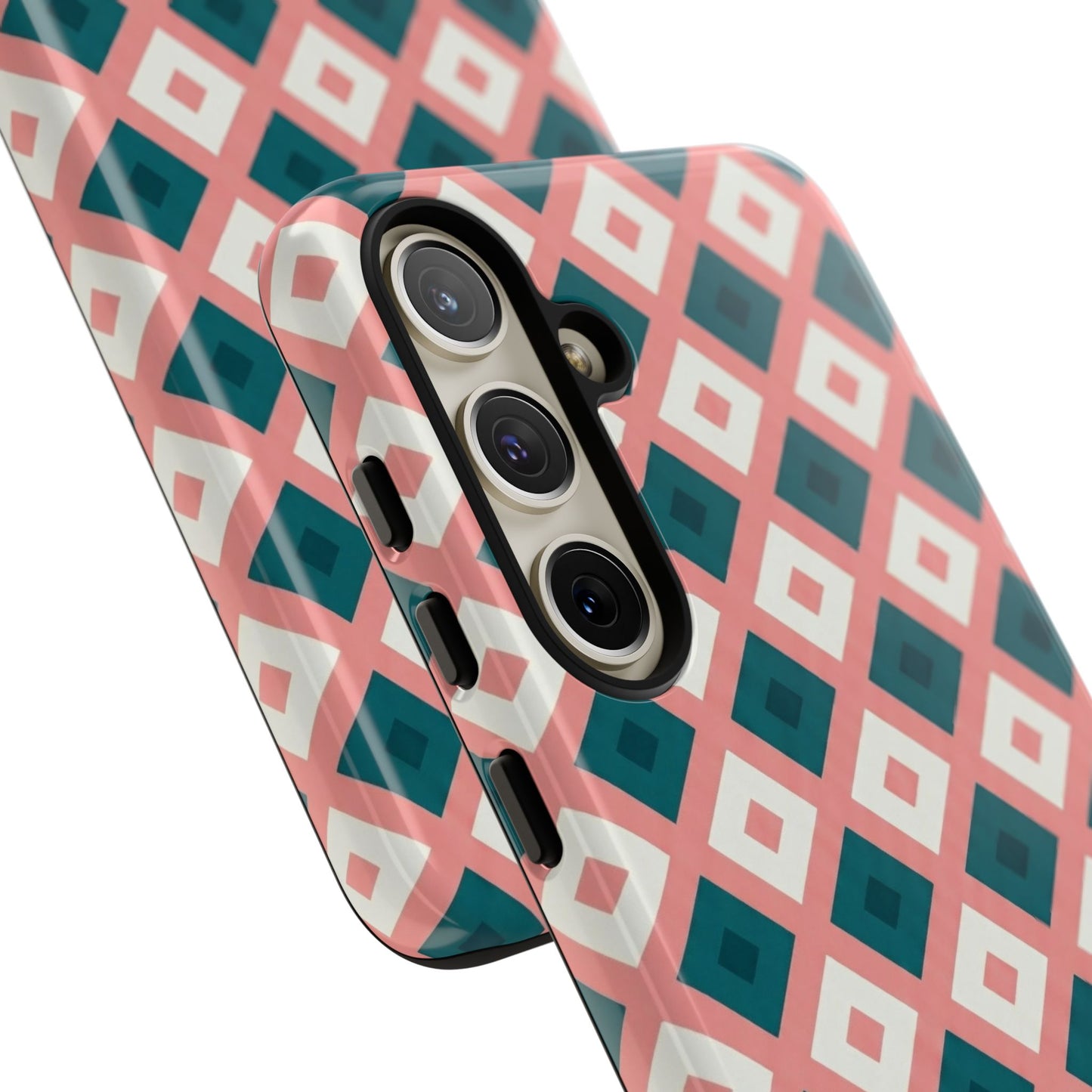 Geometric Diamond Pattern Tough Phone Case — Retro Pink & Teal Protective Cover
