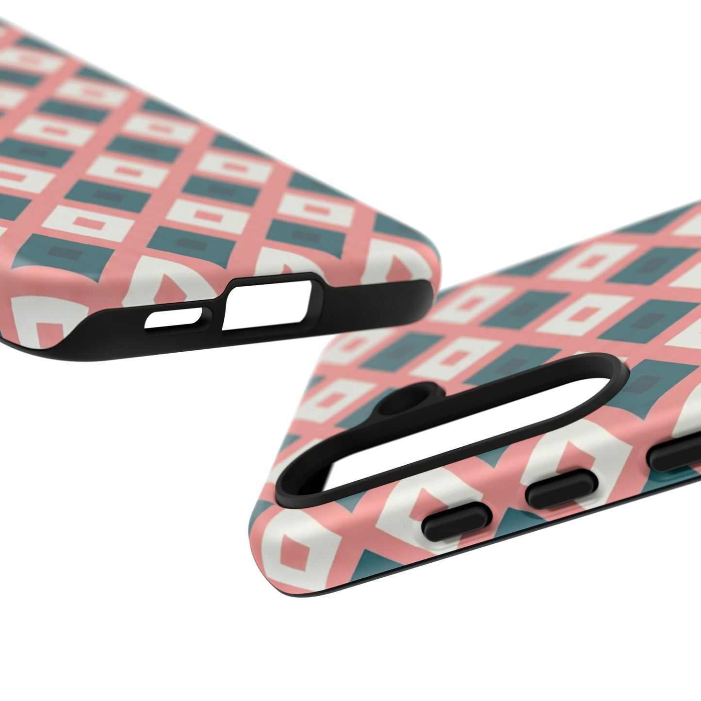 Geometric Diamond Pattern Tough Phone Case — Retro Pink & Teal Protective Cover