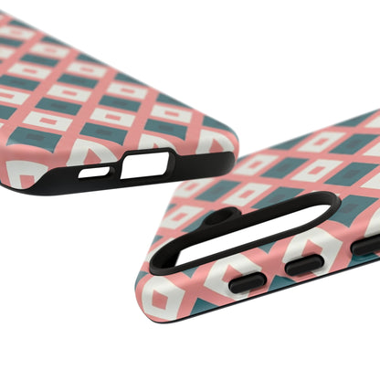 Geometric Diamond Pattern Tough Phone Case — Retro Pink & Teal Protective Cover