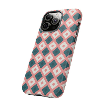 Geometric Diamond Pattern Tough Phone Case — Pink & Teal Protective Cover
