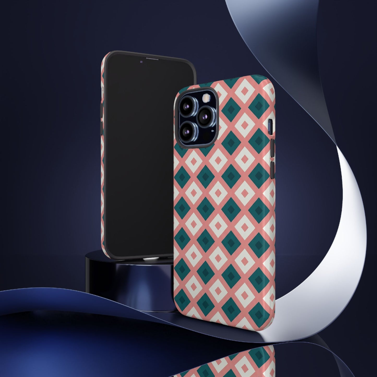 Geometric Diamond Pattern Tough Phone Case — Pink & Teal Protective Cover