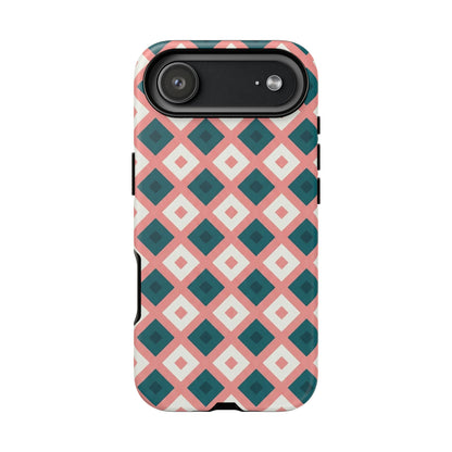 Geometric Diamond Pattern Tough Phone Case — Pink & Teal Protective Cover