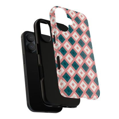 Geometric Diamond Pattern Tough Phone Case — Retro Pink & Teal Protective Cover