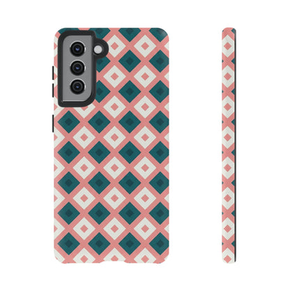 Geometric Diamond Pattern Tough Phone Case — Retro Pink & Teal Protective Cover