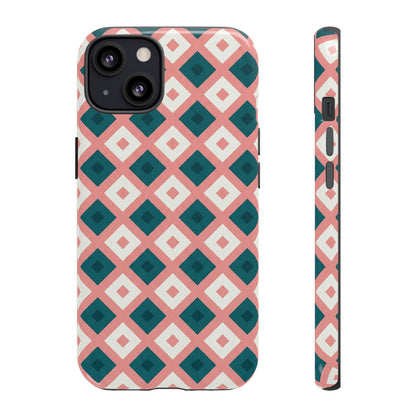 Geometric Diamond Pattern Tough Phone Case — Pink & Teal Protective Cover