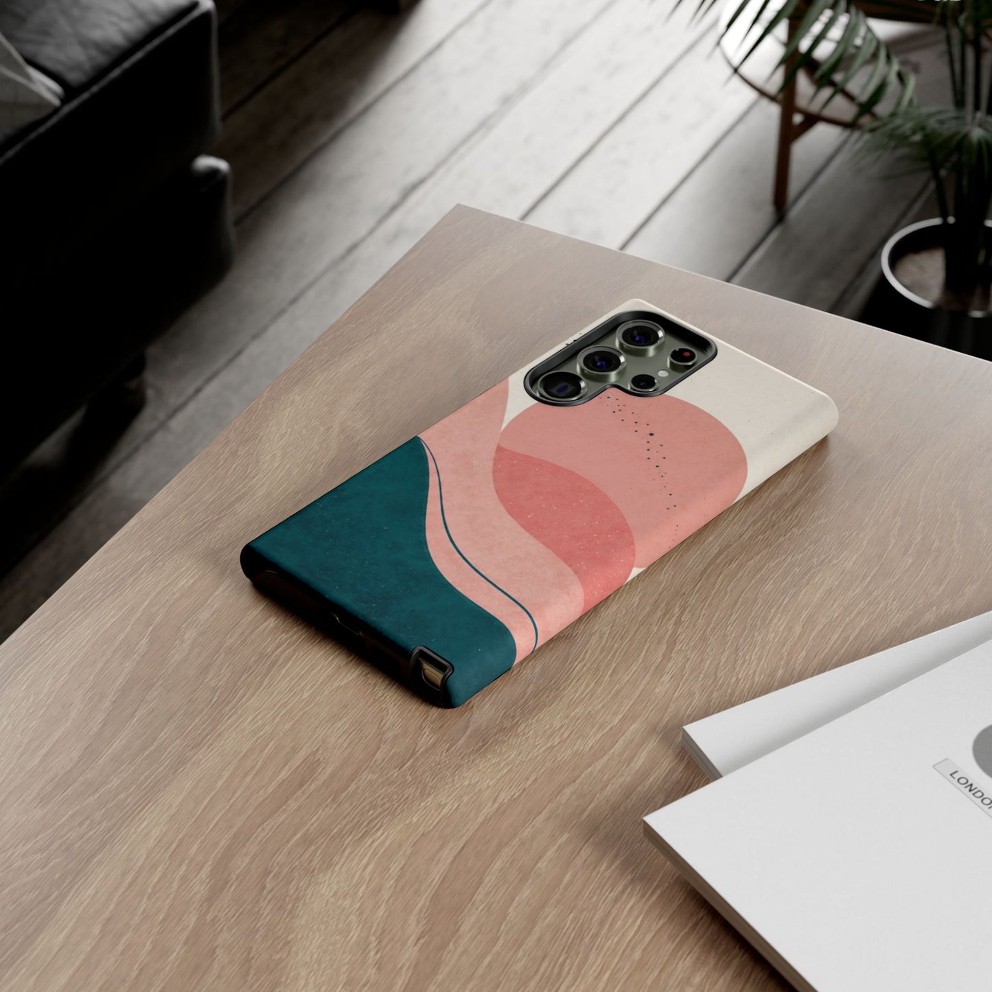 Abstract Sunset Waves Tough Phone Case — Pink & Teal Protective Cover