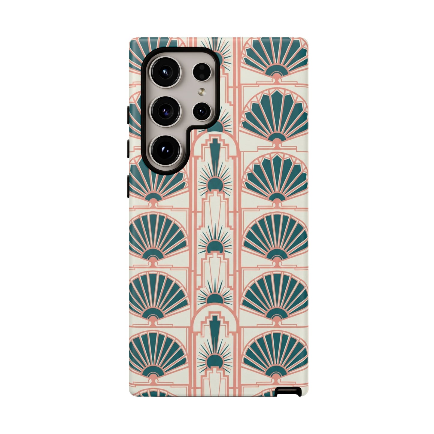 Art Deco Fan Pattern Tough Phone Case — Teal & Blush Retro Protection