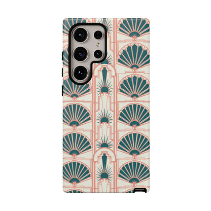 Art Deco Fan Pattern Tough Phone Case — Teal & Blush Retro Protection