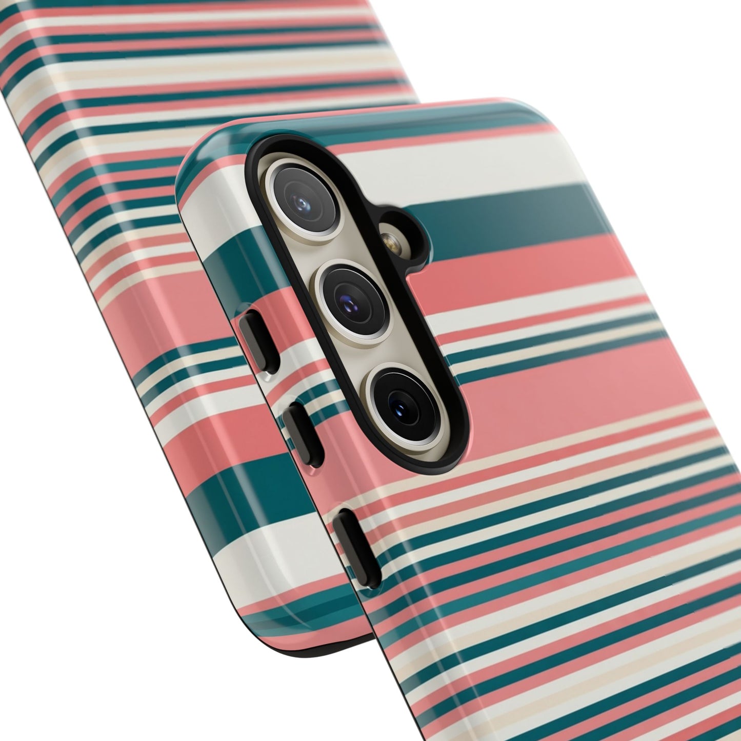 Striped Tough Phone Case — Coral, Teal & White Protective Cover