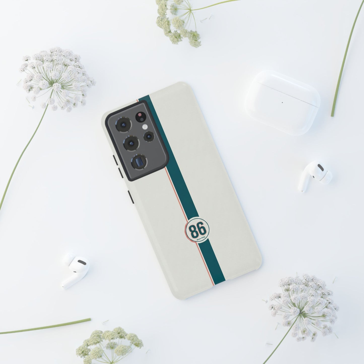 Racing Stripe Tough Phone Case — Retro White With '86 Circle Badge