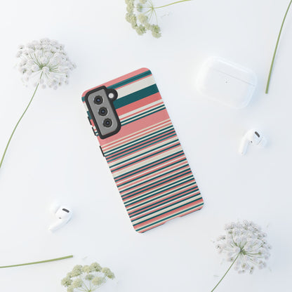 Striped Tough Phone Case — Coral, Teal & White Protective Cover