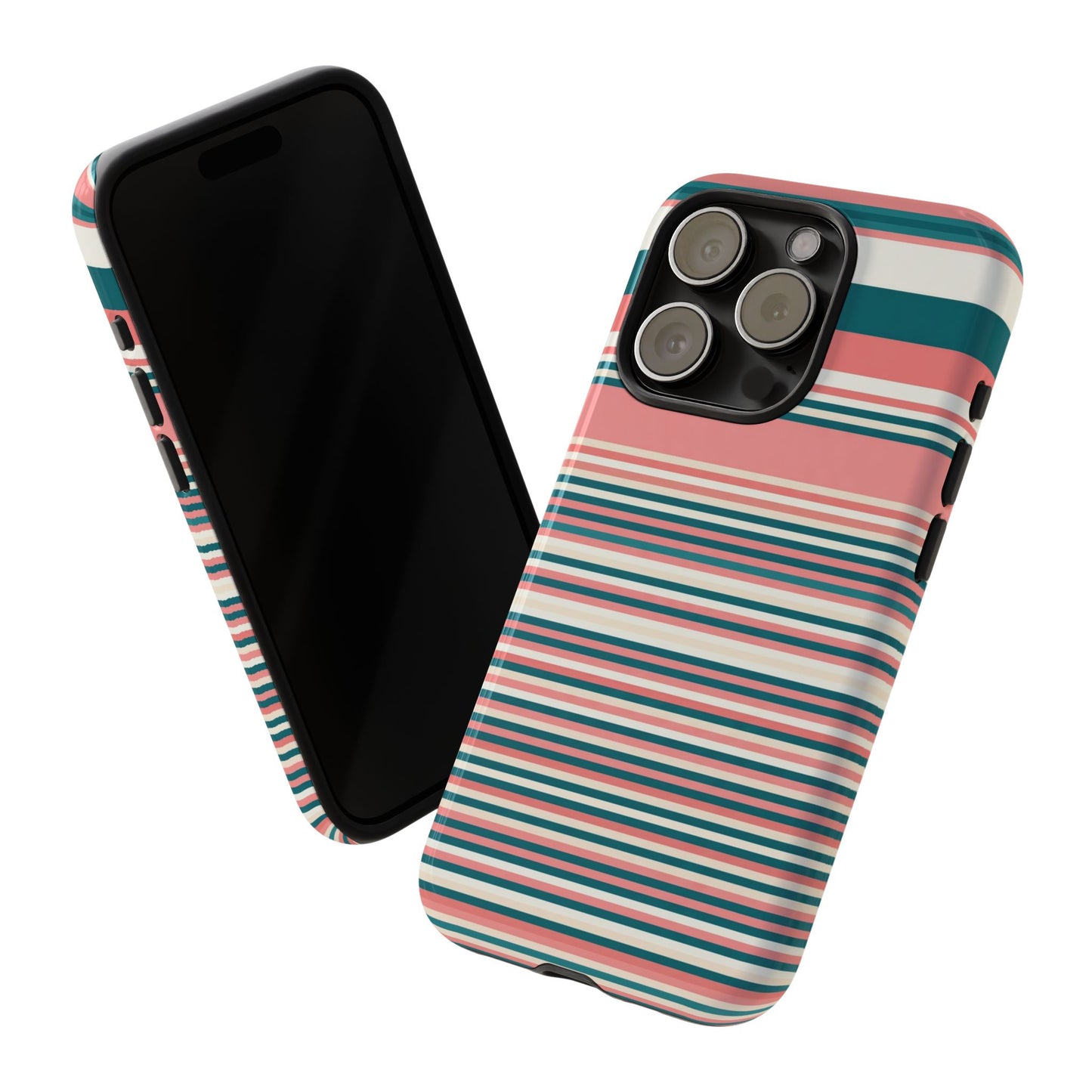 Striped Tough Phone Case — Coral, Teal & White Protective Cover