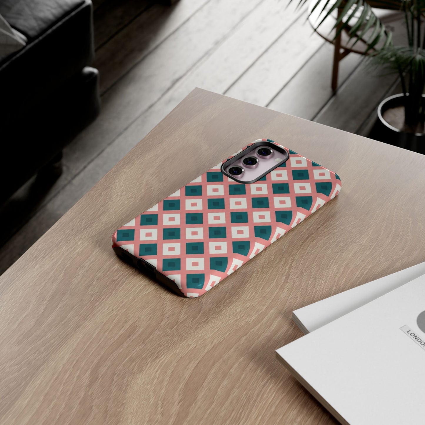 Geometric Diamond Pattern Tough Phone Case — Retro Pink & Teal Protective Cover