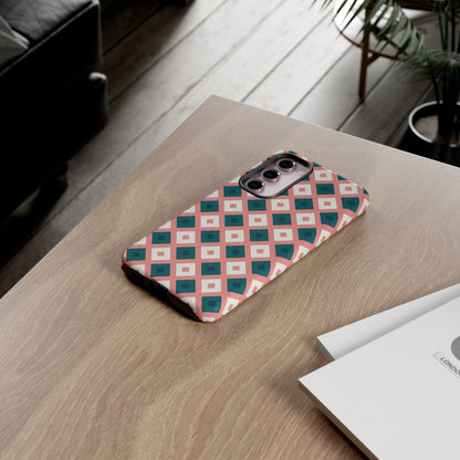 Geometric Diamond Pattern Tough Phone Case — Retro Pink & Teal Protective Cover