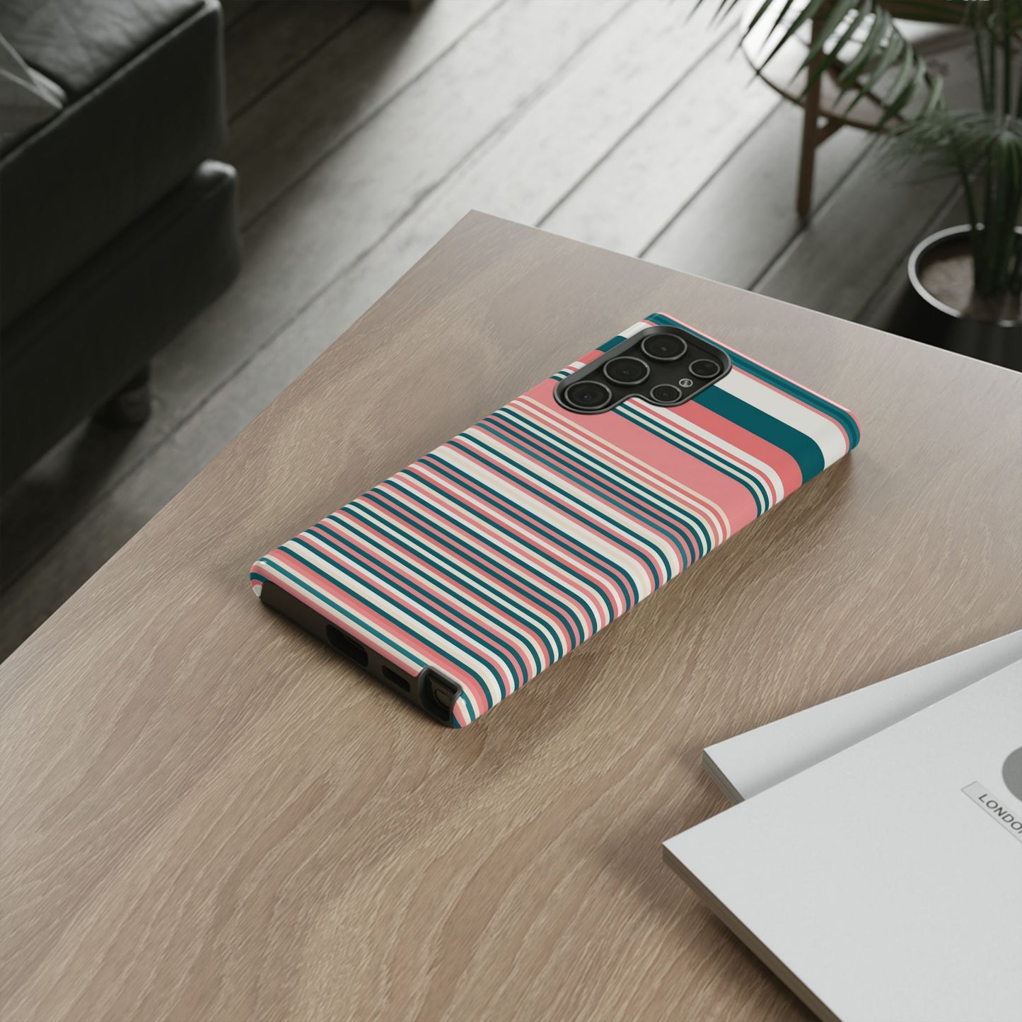 Striped Tough Phone Case — Coral, Teal & White Protective Cover