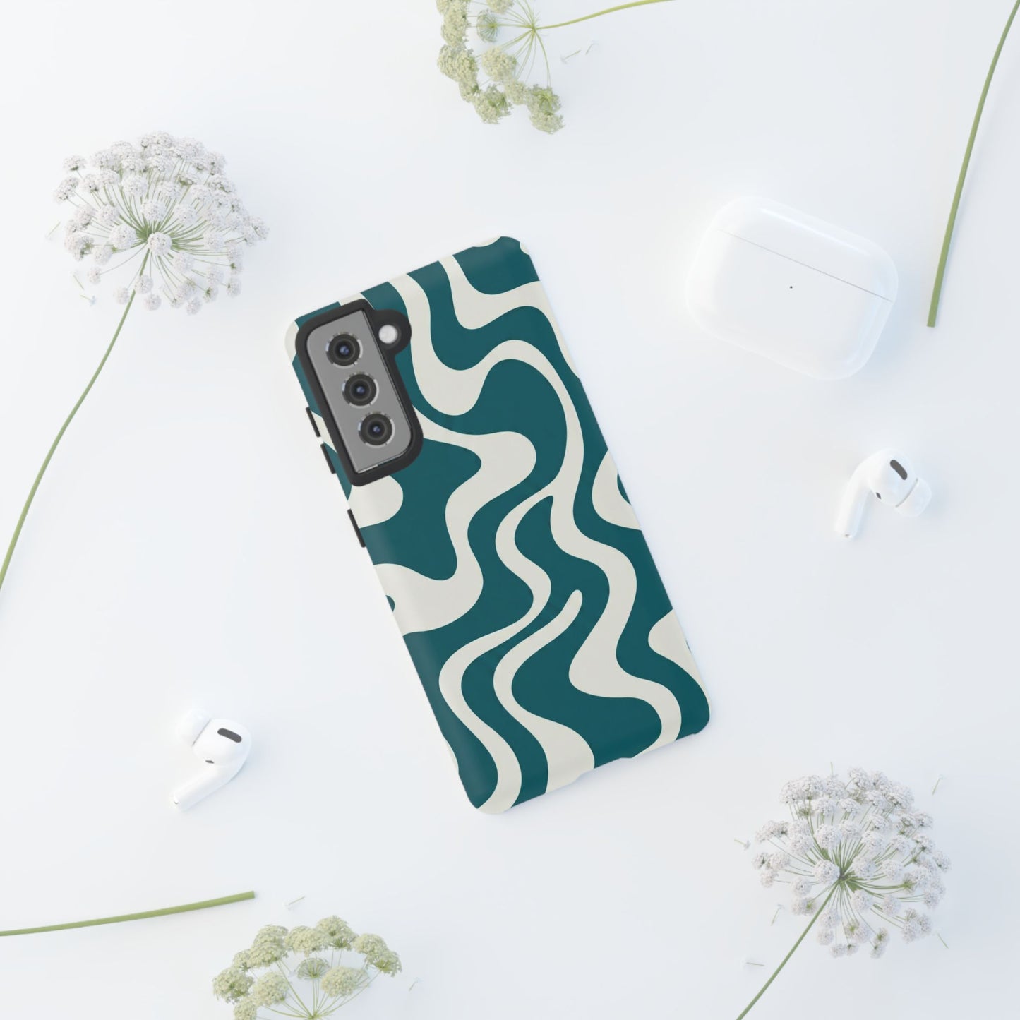 Abstract Teal Swirl Phone Case — Retro Wavy Tough Case