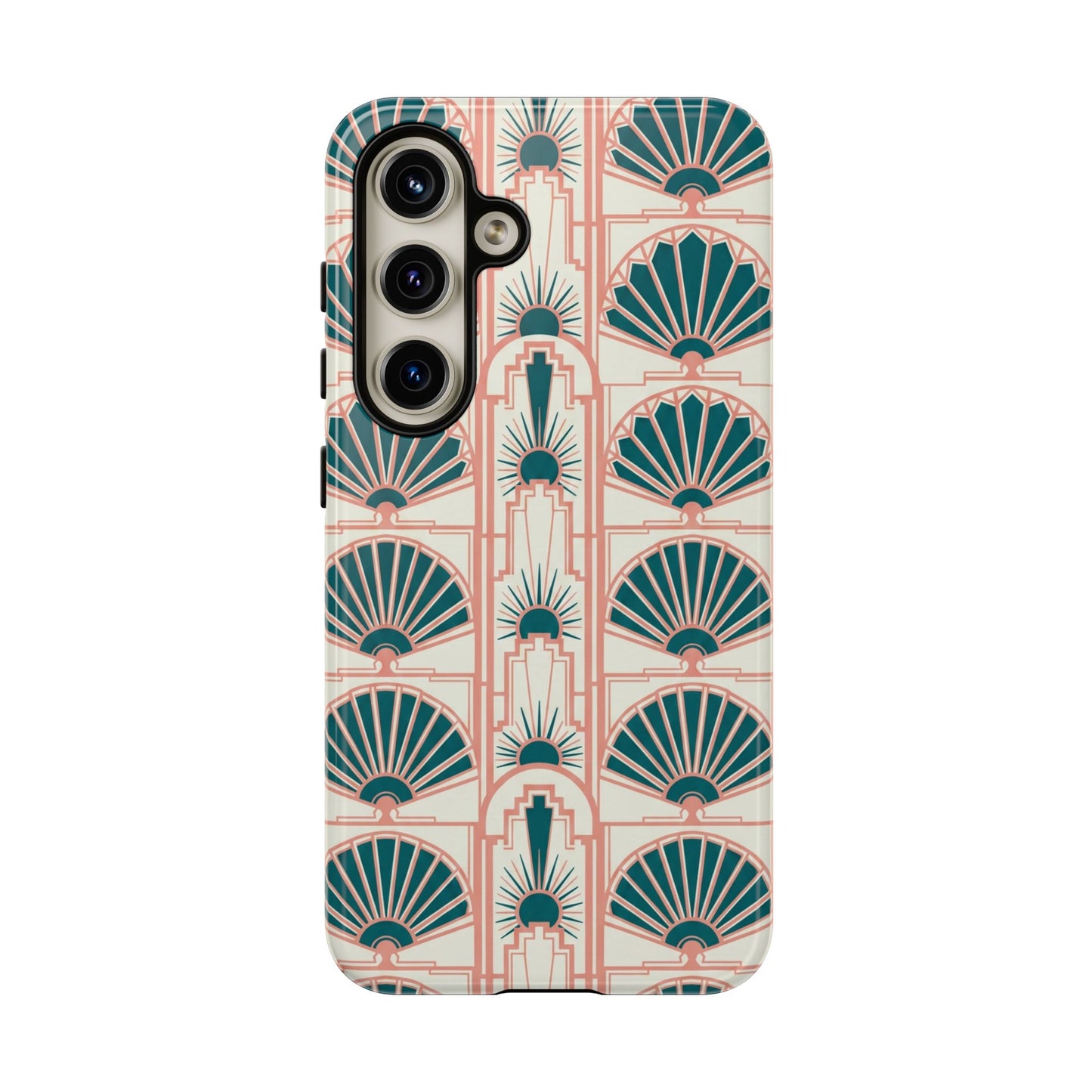 Art Deco Fan Pattern Tough Phone Case — Teal & Blush Retro Protection